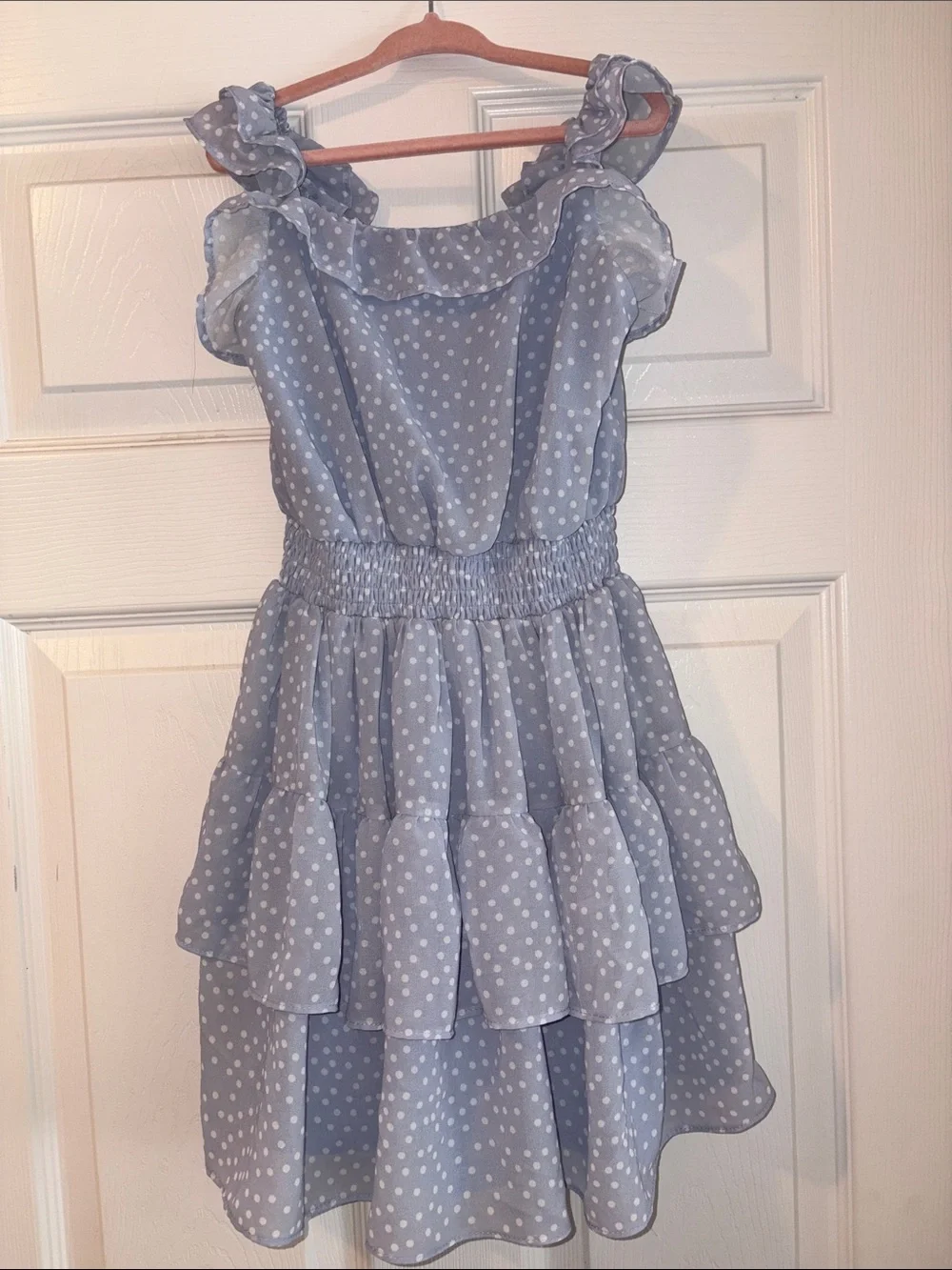 Rare Editions Light Blue Polka Dot Ruffle Dress